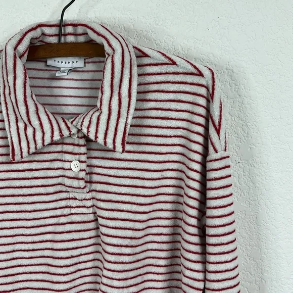 Topshop Terrycloth Stripe Button Up Polo in Red and White - Picture 3 of 8